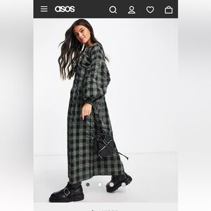 ASOS DESIGN dropped shoulder super oversized smock midi dress in khaki gingham.